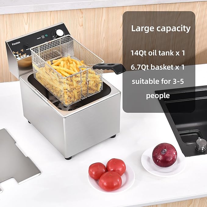 Deep Fryer with Basket, 1700w 14Qt Oil Tank/ 6.7Qt Basket, 0.6mm Thickened Stainless Steel Countertop Electric Fryer for Home and Commercial Use, Oil Fryer with Double Overheat Protection