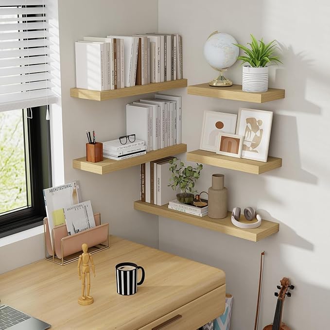 55 Inch Floating Shelves, 8 Inch Deep Floating Shelves for Wall, Hanging Shelf with Invisible Brackets, Deep Shelves for Bathroom, Bedroom, Living Room, Oak, Set of 1