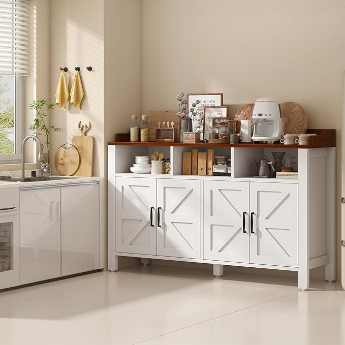 Buffet Cabinet with Storage Farmhouse with 4 Doors and 3 Open Compartments, 55'' Large Kitchen Storage Cabinet White Wood Coffee Bar Buffet Sideboard for Kitchen, Dining Room, Living Room