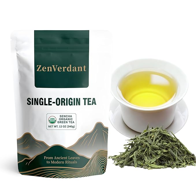 ZenVerdant USDA Organic Sencha Green Tea, 12oz | Dragon Well Infused Loose Leaf | Antioxidant-Rich