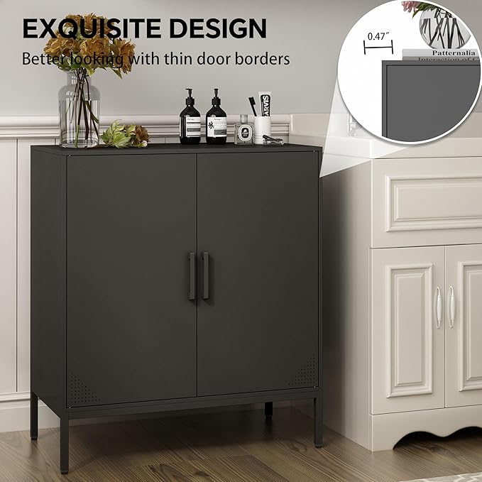 Metal Storage Cabinet with Adjustable Shelves, Steel Buffet Sideboard for Entryway, Living Room, Dining Room, Kitchen, Office, Bar (Black, 31.5" D x 15.75" W x 35.43" H)