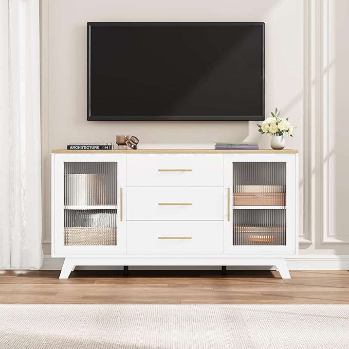 CABIHOME Buffet Cabinet, 56" Sideboard Buffet Storage Cabinet with Adjustable Shelves and Fluted Glass Door, Modern Coffee Bar, Table for Kitchen, Dining Room, Natural