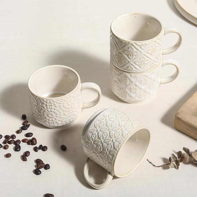 6 Oz Coffee Cups Set of 4, Stackable Coffee Mugs with Stand, Ceramic Cappuccino Cup, Embossed Espresso Cups for Latte, Tea, Cocoa, Mocha, Housewarming Present, Dishwasher Safe