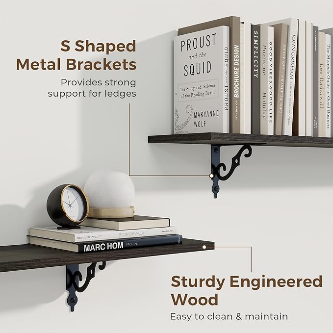 RICHFOCUS Floating Shelves for Wall Decor, 39.4W x 8D Shelves Set of 2, 8 Inch Deep Rustic Wood Shelves Wall Mounted with Brackets, Long Floating Shelves for Living Room Bedroom Kitchen, Black