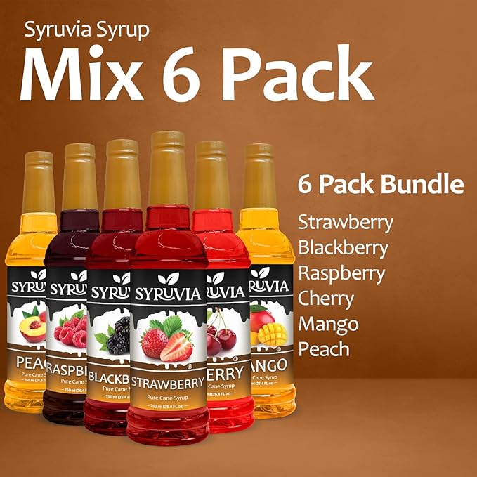 Syruvia Summer Fruit Syrup Variety Pack – Strawberry, Blackberry, Raspberry, Cherry, Mango & Peach – 25.4 fl oz Bottles – Perfect for Summer Sodas, Lemonades, Iced Teas, and Cocktails! (6-Pack)