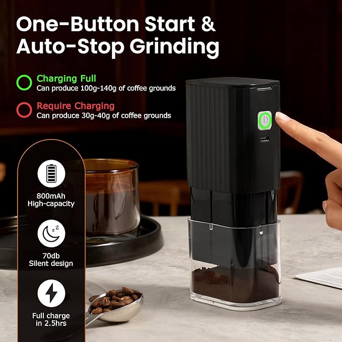 VEVOK CHEF Portable Mini Electric Coffee Grinder,Adjustable Conical Burr Coffee Bean Mill,One-Button Grinder with USB Rechargeable,Auto‑Stop for Espresso to French Press,for Outdoor Use(Black)