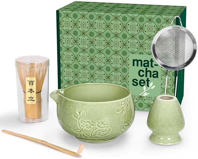 Matcha Whisk Set, Ceramic Matcha Set Includes Matcha Bowl, Matcha Whisk and Holder, Bamboo Scoop, Sifter 5 Pcs Matcha Kit for Matcha Lovers (Mottled Green)