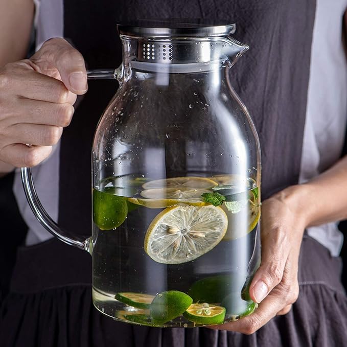 105OZ Glass Pitcher with Lid and Spout - High Heat Resistance Pitcher for Hot/Cold Water & Iced Tea (XL3.0L)