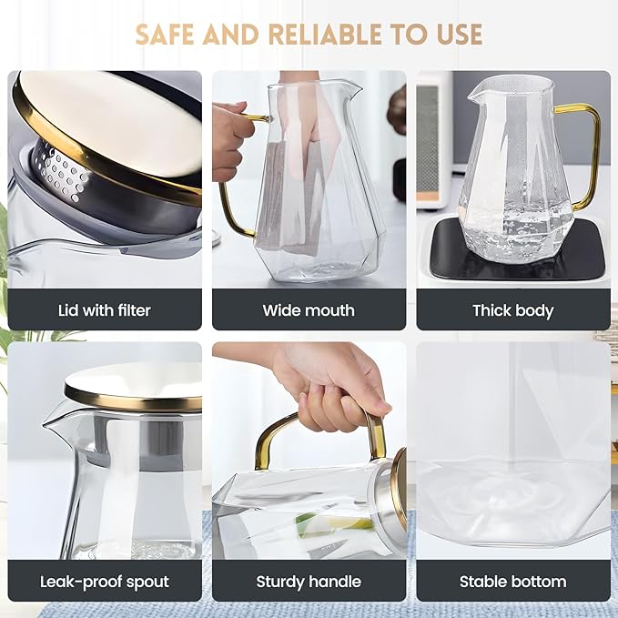 2L Borosilicate Glass Water Pitcher with Lid, 68oz Iced Tea/Coffee Carafe with Spout, Cold Brew Coffee Dispenser, Water Jug for Juice, Homemade Beverage, Diamond Cut Design for Refrigerator
