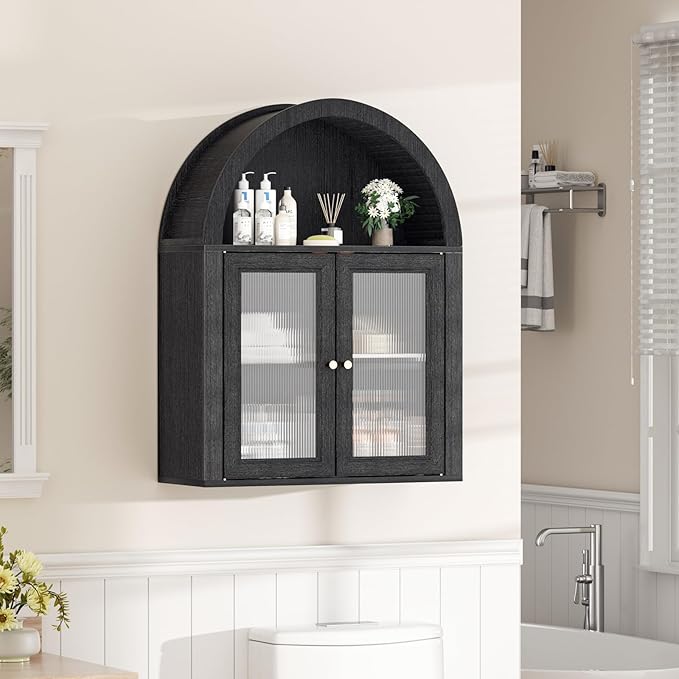 Arched Bathroom Cabinet, Wall Mounted Bathroom Cabinet with Tempered Glass Doors and Adjustable Shelf, for Kitchen, Living Room, Laundry Room, Restroom, Black