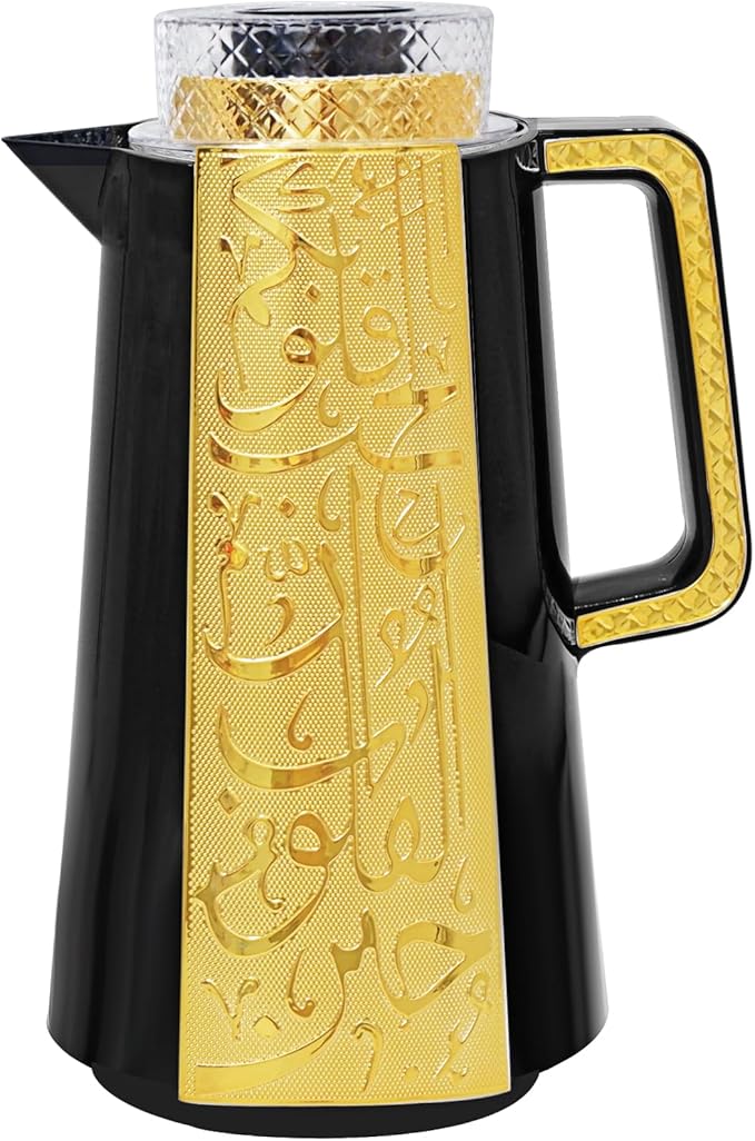 Arabic Style Insulated Coffee Carafe,33 oz,Vacuum Thermal Pot Double Wall Insulation with Lid Teapot,Keeping Hot/Cold,Tea, Water, and Coffee Dispenser,Housewarming Ornaments (Black and Gold)