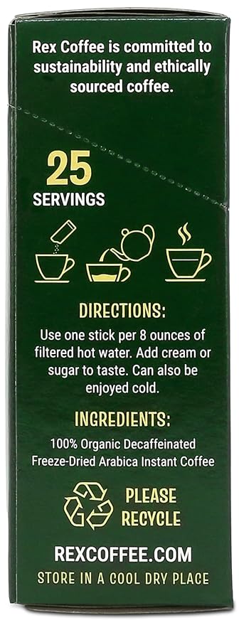 Rex Coffee Organic Fairtrade Decaf Freeze-Dried Instant Sticks – Naturally Decaffeinated Arabica, 300 Single-Serve Packs, Mountain Water Process