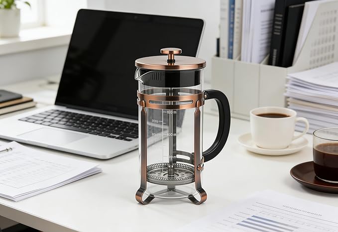 Coffee Maker 304 Stainless Steel French Press with 4 Filter, Heat Resistant Durable, Borosilicate Glass Coffee Press, 100% BPA Teapot, 34 ounce, copper