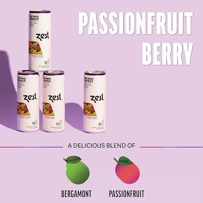 Zest Clean Energy Drink – Passionfruit Berry – 150mg Caffeine + 100mg L-Theanine – Natural Focus & Concentration Boost – Healthy Energy Drink 12oz Can 12 Pack – Low Sugar, No Artificial Sweeteners