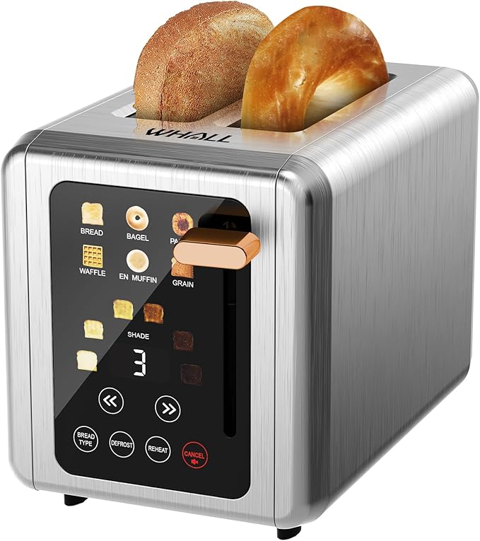 WHALL Touch Screen Toaster 2 Slice, Stainless Steel Digital Timer Toaster with Sound Function, Smart Extra Wide Slots Toaster with Bagel, Cancel, Defrost (gold))