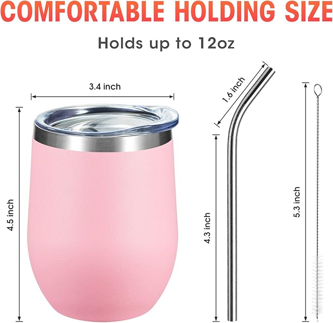 COMOOO Stainless Steel Wine Tumbler Glass Bulk with Lid and Straw 12oz Double Wall Vacuum Insulated Travel Tumbler Cup for Coffee Wine Cocktails Ice Cream Cup, Light Pink, 12 pack