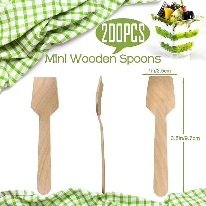 200 Pcs Wooden Ice Cream Spoons - 3.8 Inch Biodegradable & Compostable Mini Wooden Spoons for Tasting, Desserts, and Sampling, Idea for Baby Shower, Party Supplies