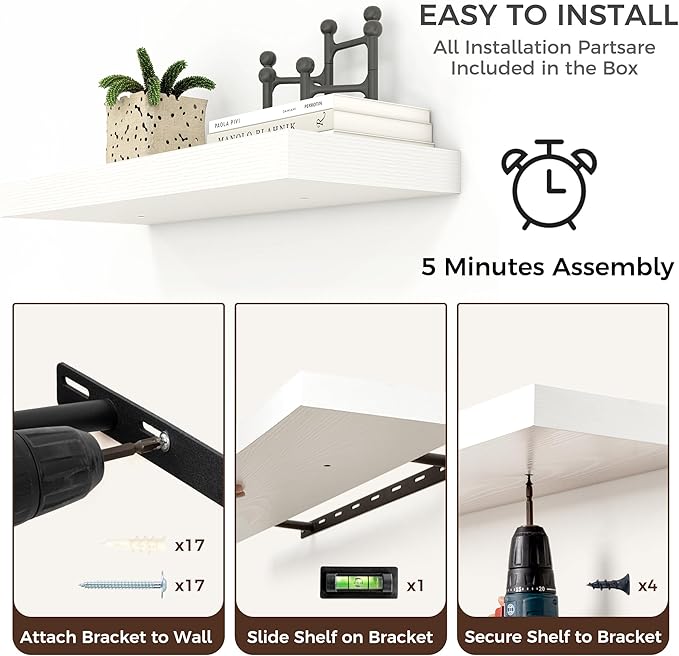 Floating Shelves for Wall, Engineered Wood Wall Shelves with Invisible Brackets for Living Room Bedroom Bathroom Office Kitchen Decor and Storage (White, 72" W x 9" D x 1.5" H) Set of 1