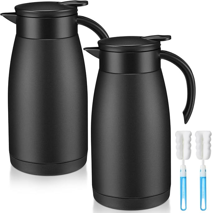Uiifan 2 Pcs 34 Oz Thermal Coffee Carafe Stainless Steel Insulated Vacuum Coffee Carafes Double Walled Vacuum Thermal Pot Flask with Brushes for Keeping Cold Hot Tea Water Milk Home Office (Black)
