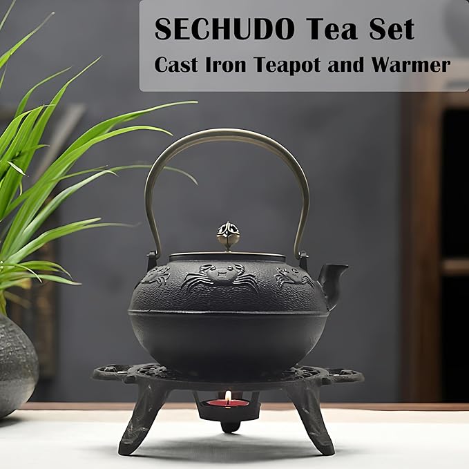44oz Cast Iron Teapot Set with Tea Light Warmer, Durable Japanese Tetsubin Teapot for Stovetop, Asian Tea Kettle for Adults, Elegant Durable Tea Gift Set (1300ml)