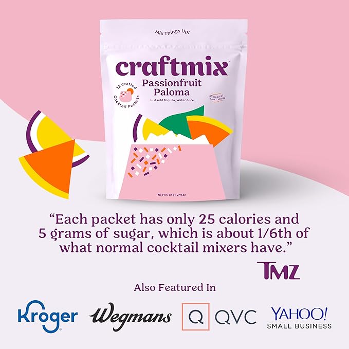 Craftmix Passionfruit Paloma Cocktail & Mocktail Drink Mixer, Skinny Mixes - Water Flavoring Packets - Made With Real Fruit - Vegan, No-Carb, No-Sugar, Non-GMO, Dairy Free, Gluten Free, 24 Pack