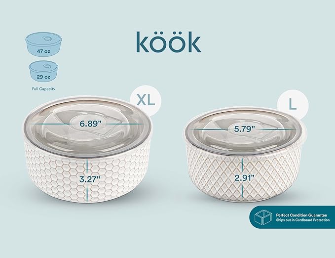 KooK Mixing Bowls, with Lids, Ceramic Nesting Bowls. Space Saving, Set of 4, Embossed, Kitchen, Prep, Stackable, Mix, Gift, Microwave and Dishwasher Safe, 10/16/29/47 oz, Narbonne Collection (Ivory)