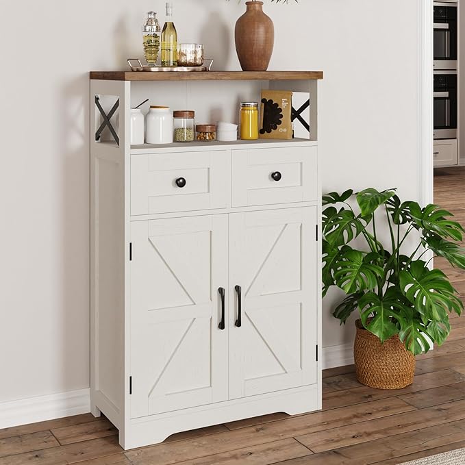 Farmhouse Storage Cabinet with Barn Doors and Shelves, Farmhouse Kitchen Pantry, Small Tall Coffee Bar Cabinet with Storage, Hutch Cupboard for Bathroom, Laundry, Living Room,White