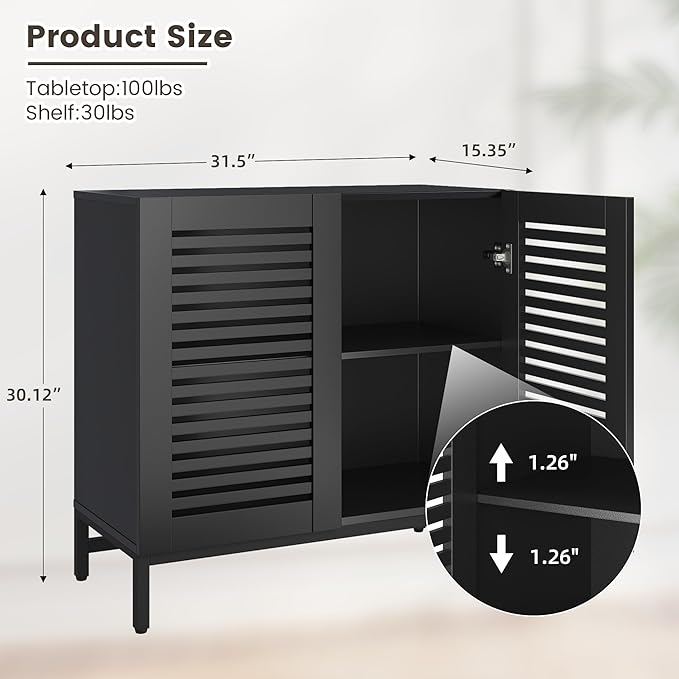 JOMEED Buffet Sideboard Cabinet with Grille-Striped Doors & Adjustable Shelf, Wood Storage Cabinet for Kitchen, Dining Room, Living Room, Entryway Black