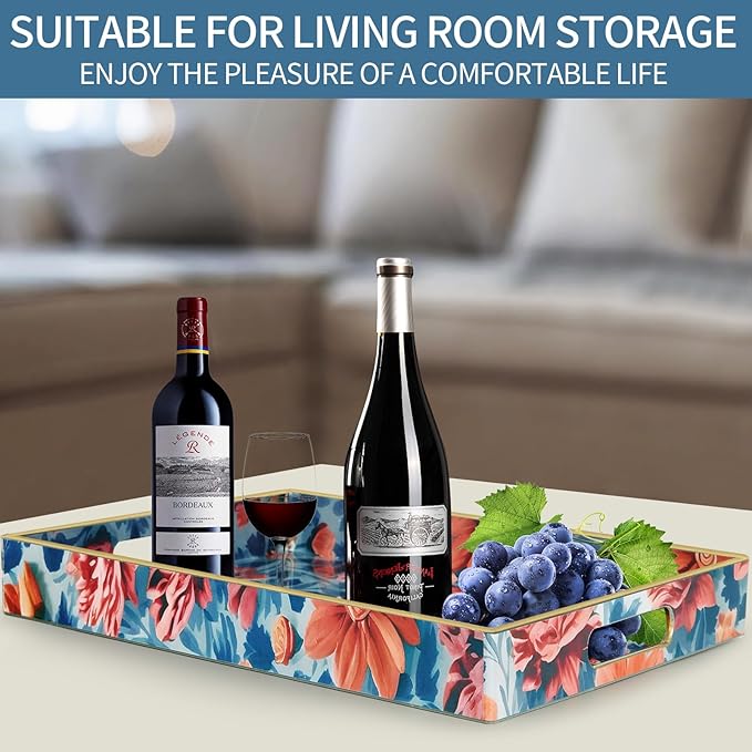 Boho Sturdy Acrylic Serving Tray with Handles,Rectangular Tray for Coffee Table,Food,Breakfast-Kitchen Countertop Tray,Ottoman Tray for Living Room,Plastic Decorative Tray (ART4, 30x40)
