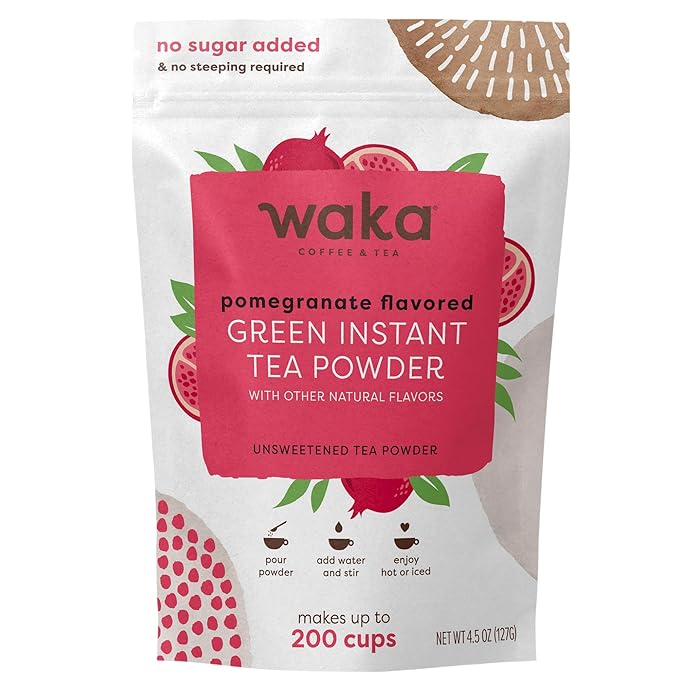 Waka Instant Green Tea Mix, Pomegranate Flavored - 100% Tea Leaves, No Additives, Unsweetened Tea Powder in Bulk Pouch – Easy Quick Hot and Iced Teas, Up to 200 Cups (4.5oz)