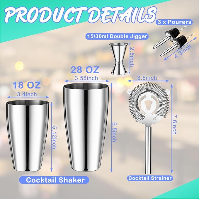 15 Pcs Cocktail Shaker Set Bartender Kit Boston Shaker Professional Bar Gifts with 18oz and 28oz Stainless Steel Martini Shaker Drink Mixer Strainer Measuring Jigger Alcohol Pourer
