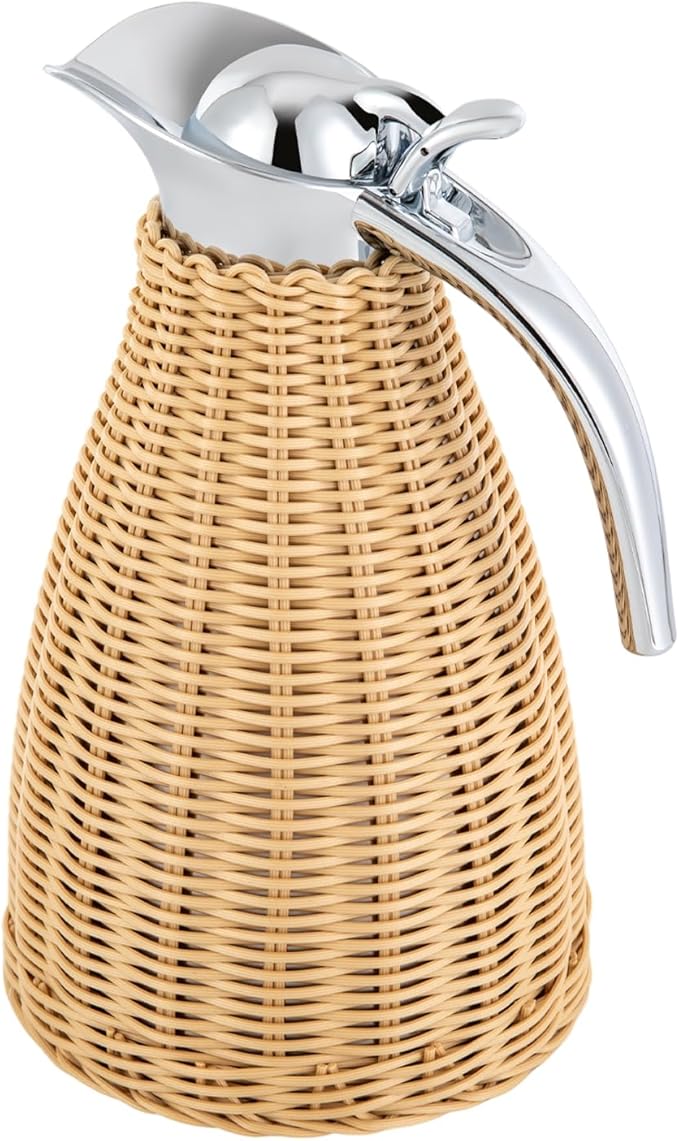 Stainless Steel Coffee Thermal Carafe, 50 Oz/1.5 L Woven Rattan Insulated Coffee Carafe Double Walled Vacuum Insualted 20 Hour Heat Cold Retention (Natural)
