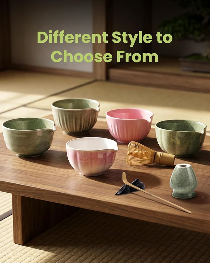 Handcrafted Matcha Kit, 7-Piece Green Tea Set, Includes Ceramic Bowl, Bamboo Whisk, Stainless Steel Sifter, Bamboo Scoop, Whisk Holder & Cotton Towel, Perfect for Tea Ceremony, Green Big Flower