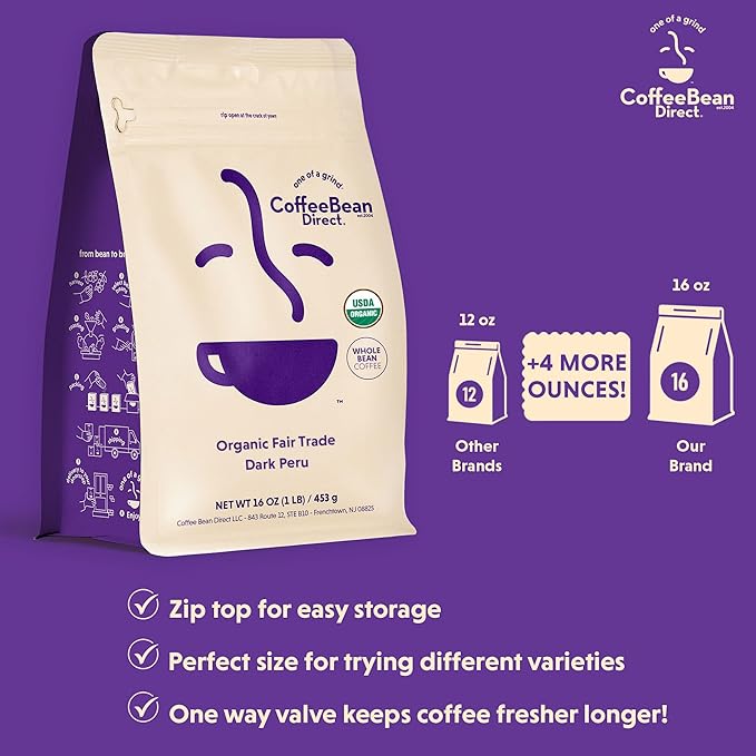 Coffee Bean Direct Organic Fair Trade Dark Peru, Whole Bean Coffee, Dark Roast, 1 Pound Bag (Pack of 1)