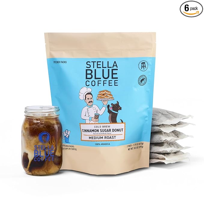 Stella Blue Cold Brew Coffee Bags, Cinnamon Sugar Donut, Medium Roast Ground Coffee, Smooth, Bold and Refreshing 100% Arabica, 6 Brew Packets, Makes 24 Cups, Rainforest Alliance Certified