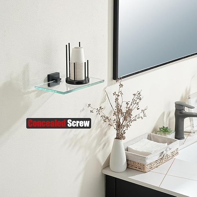 JQK Bathroom Glass Shelf Black, Tempered Glass Shower Storage 8 by 5 inches, 304 Stainless Steel Matte Black Wall Mount, TGS201L8-PB