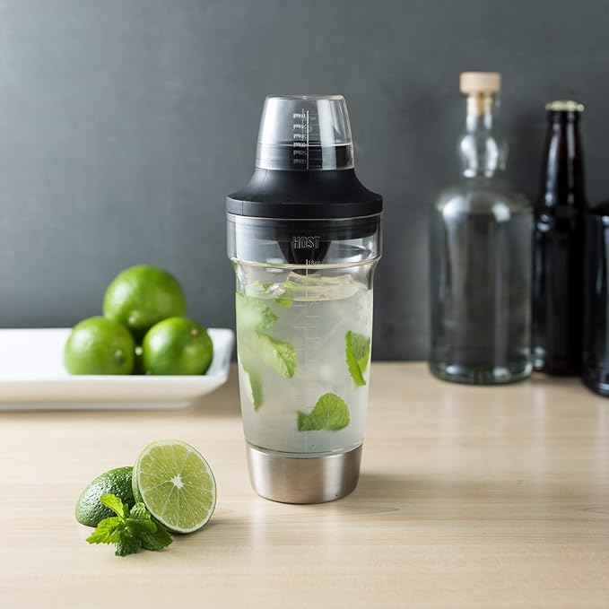 Host All in One Cocktail Shaker Set with Measurements, Reamer, Bottle Opener, Strainer and Jigger for Cold Brew Cocktails, Home Bar, Bartending, Camping, Picnic, Outdoor Party, On the Go, 18 oz