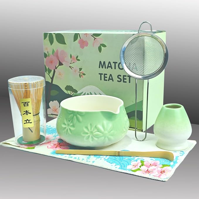 Matcha Whisk Set - Traditional Bamboo Chasen and Pale Green Ceramic Matcha Bowl with Spout, 6Pcs Complete Matcha Making Kit