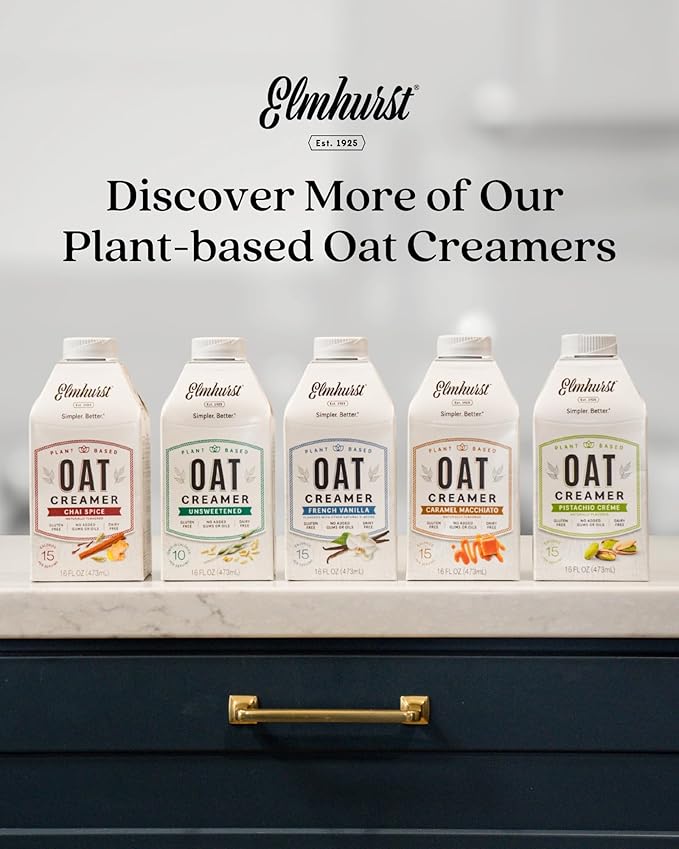 Elmhurst 1925 French Vanilla Oat Creamer - 16 Ounce (Pack of 6) Dairy-Free, Vegan, Kosher, Low Sugar, Shelf Stable Creamer Made with Water & Oat Grains for Healthier, Simpler Plant Based Alternatives