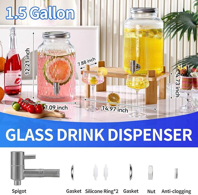 2 PCS Glass Drink Dispenser Set 1.5 Gallon With Stand, Spigot, Large Water Drink Dispensers for Parties for Lemonade, Juice, and Wedding, Bars