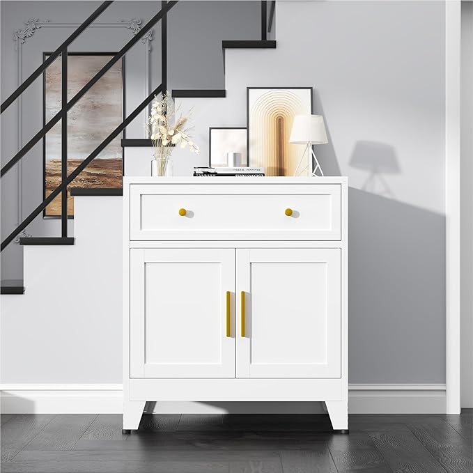 Small Metal Storage Cabinet with Drawer, 35.4" Freestanding Sideboard Cabinets with 2 Doors and Adjustable Shelf, Metal Accent Cabient for Home Office, Dining Room, Living Room, Bathroom, Entryway