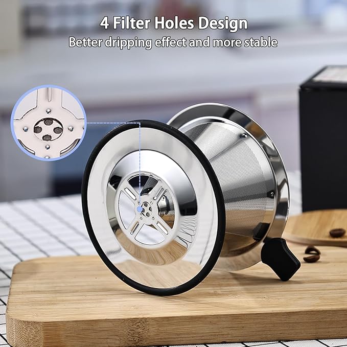 Pour Over Coffee Filter Dripper, Stainless Steel Metal Cone Drip Coffee Filter, Paperless and Permanently Reusable, Double Mesh Coffee,Tea Filter for 2-4 Cups