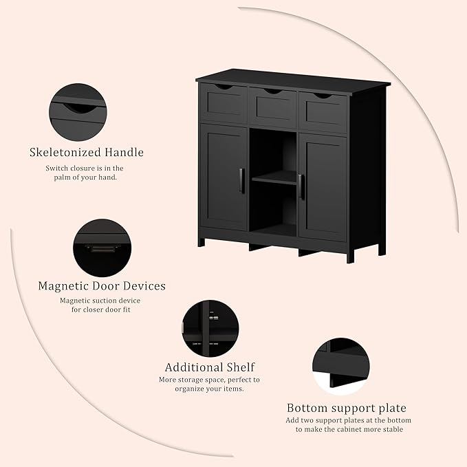 Sideboard Floor Storage Cabinet - Wooden Storage Organizer with 2 Doors and 3 Drawers, Free Standing Accent Buffet Cabinet with Adjustable Shelves for Living Room, Bedroom.Bathroom (Black)