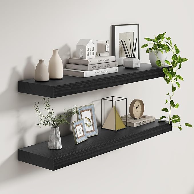 9.3 Inch Deep Floating Shelves, Black Solid Wood Floating Shelf Wall Mounted, 36 x 9 Large Display & Storage Shelves for Books, Living Room, Bathroom, Rustic Wooden Wall Shelves, Heavy-Duty, Set of 2