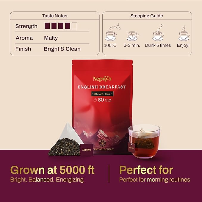 Nepaya English Breakfast Black Tea – 50 Pyramid Tea Bags, Strong & Robust, High Caffeine, Biodegradable, Himalayan Whole-Leaf
