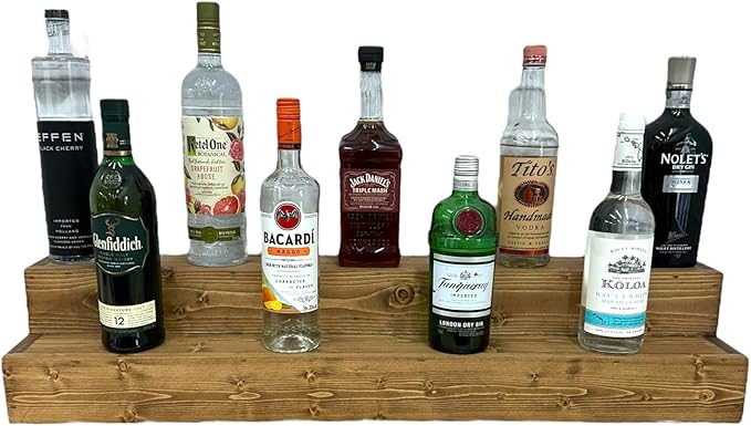 Tiered Bottle Shelf | 2 Tier Liquor Bottle Display | Bar Organization | Display Shelf | Wine Shelf | Bar Display | Kitchen Counter Shelf (18", Early American)