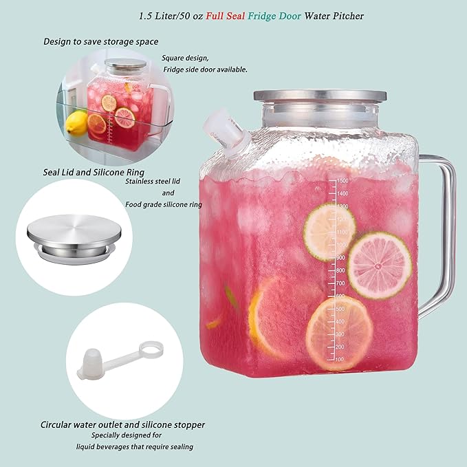 Purefold 1.5 Liter/50 oz Water Pitcher with Full Seal Lid and Spout, High Borosilicate Glass Jug, Leakproof Fridge Door Carafe for Iced Tea, Coffee, Juice, Milk Beverage (Textured)