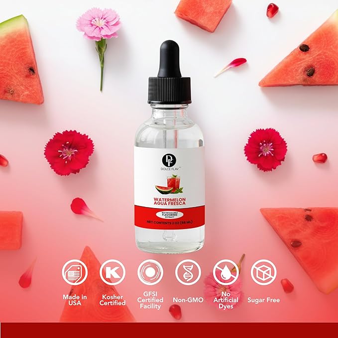 Dolce Flav Natural Watermelon Agua Fresca Extract, Water-Soluble – 2 oz | Fresh Juicy Watermelon Flavoring for Beverages, Desserts & Syrups – Sugar-Free, Kosher, Allergen-Free