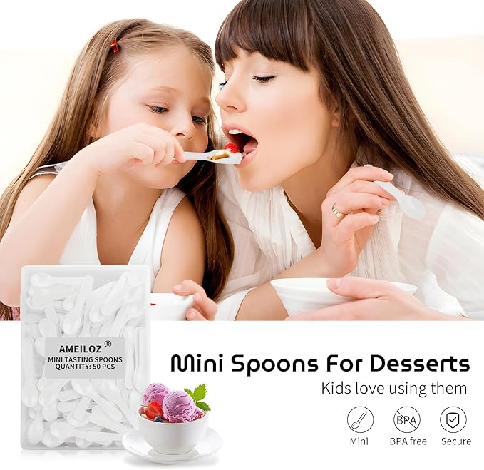 50PCS 3" Mini Tasting Spoons Tiny Plastic Taster Spoon for Yogurt Pudding Jello Shots Ice Cream, Extra Small Sample Micro Spoons (White)