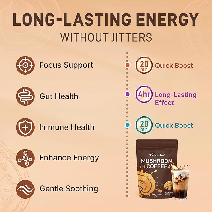 Mushroom Coffee, 60 Servings, Arabica Instant Coffee with 6 Adaptogenic Mushrooms (Lion’s Mane, Cordyceps, Turkey Tail & Other), Medium Roast Immune Boosting Coffee for Focus & Gut Health Support